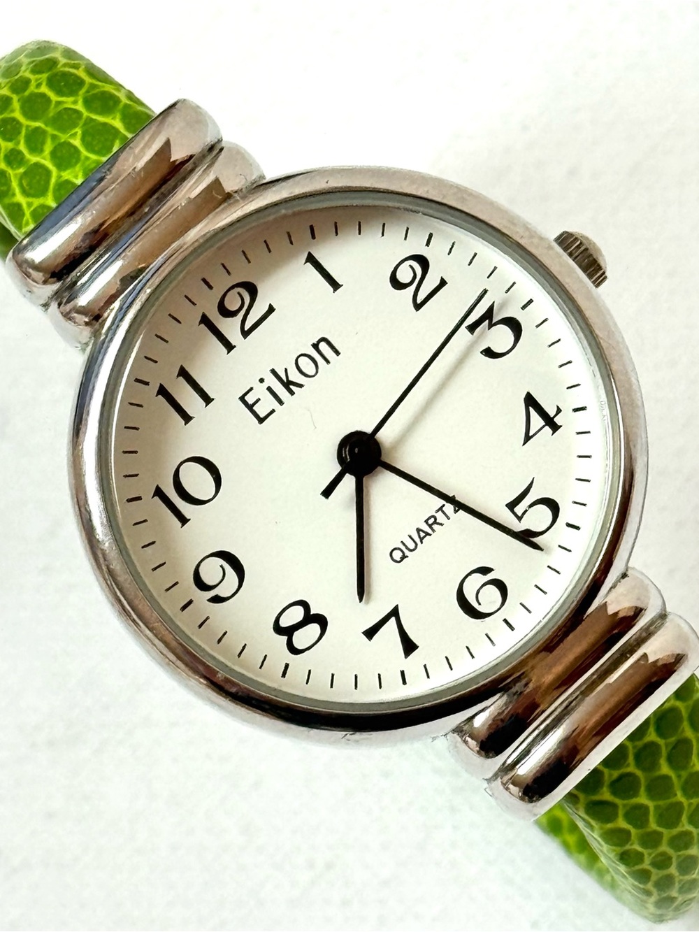 Vintage Eikon 30mm Women's 6" Silver Cuff Bangle Watch Green Leather